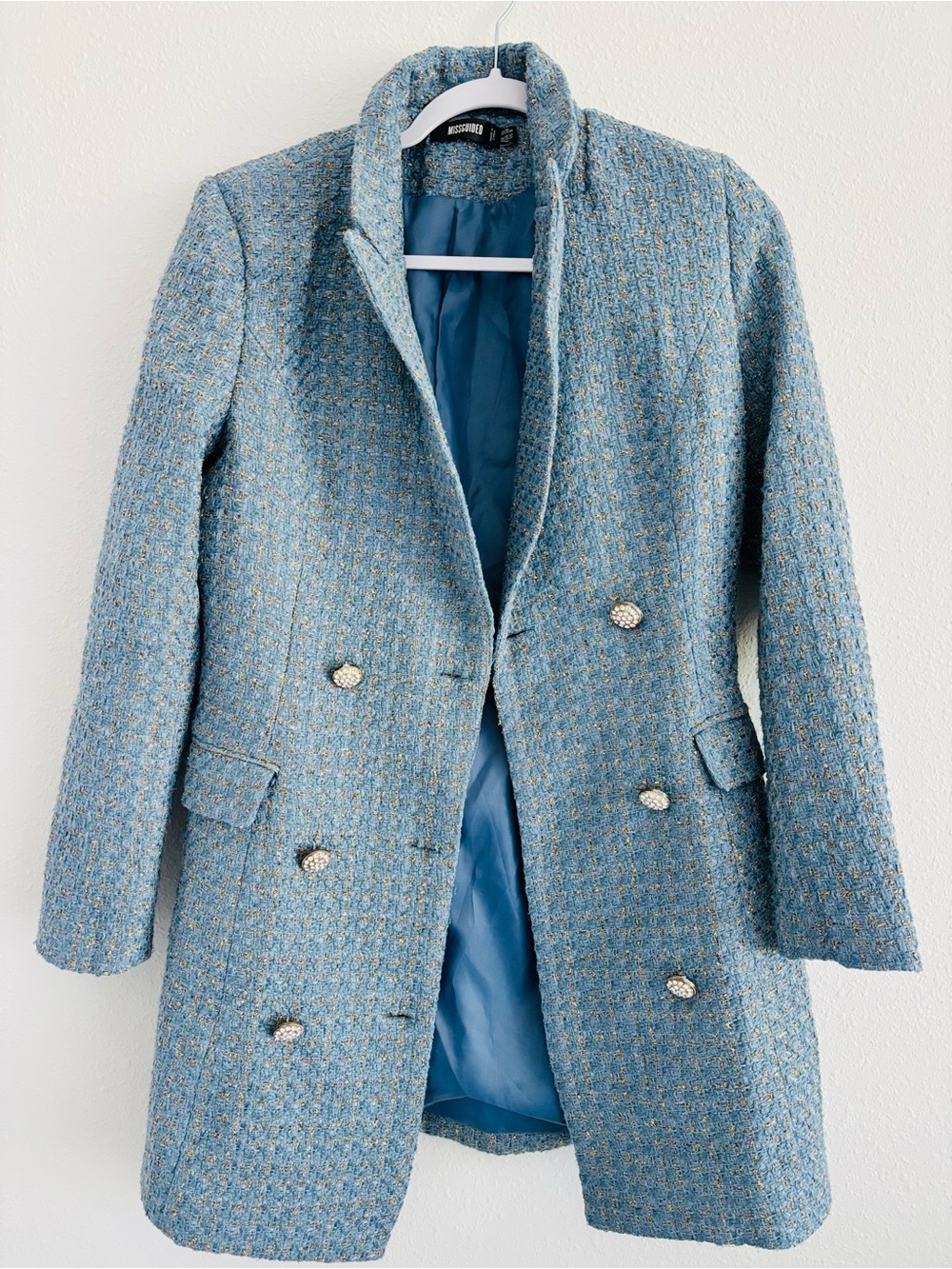Misguided Tweed Gold Thread Tailored Double Breasted Pea Coat